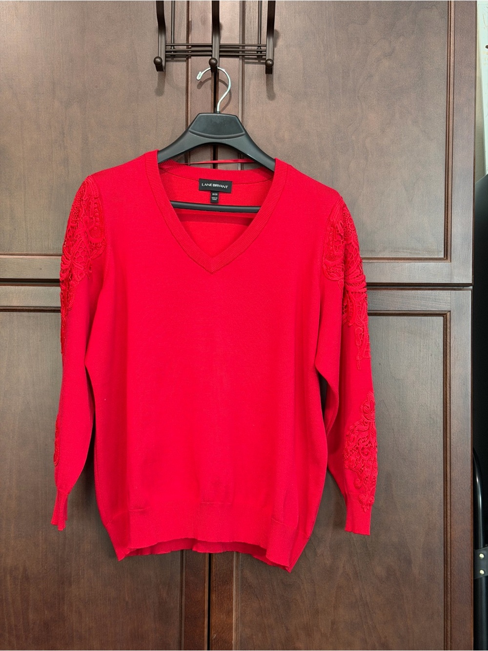Lane Bryant Bright Red V-Neck Sweater with Embroidered Sleeves